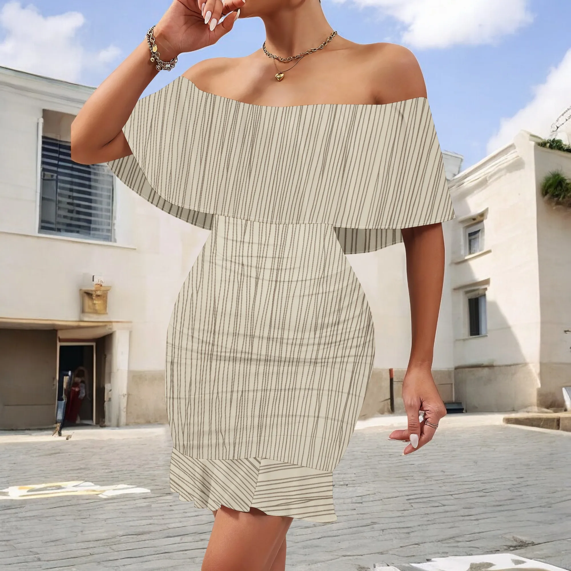 

Striped Off Shoulder Bodycon Dress S-3XL Short Ruffle Hem Slim Fit Style for Cocktail Party, Wedding Guest or Birthday Dinner