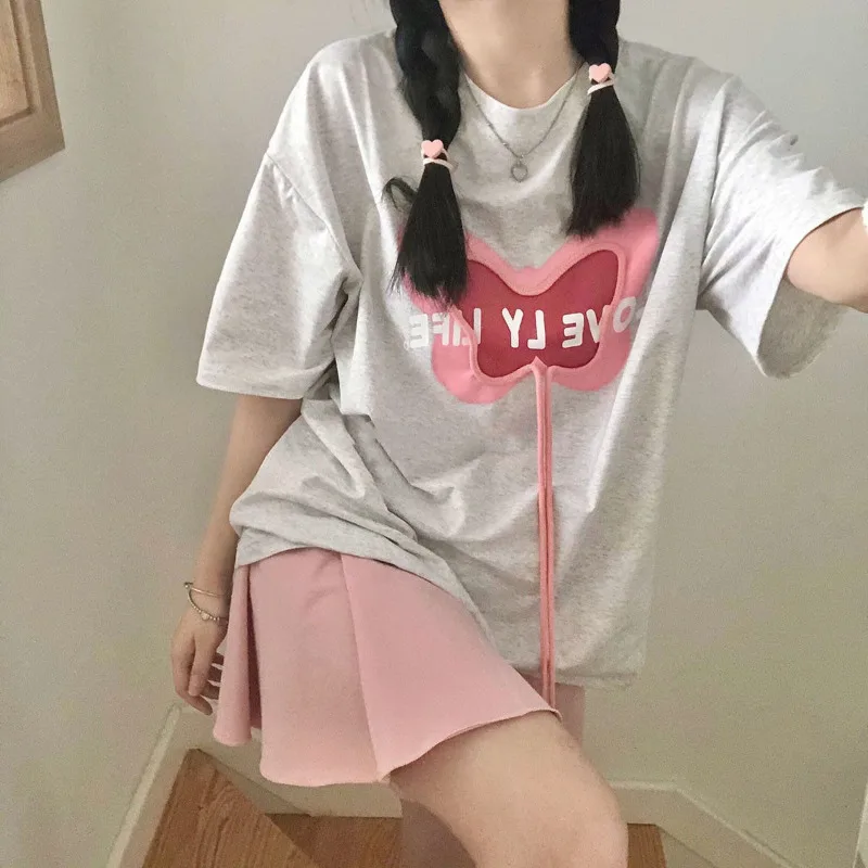 

Korean Fashion Letter Grey T-shirts Women Preppy Style Kawaii Oversize Lace Up Short Sleeve Top Female Cute Casual Tee