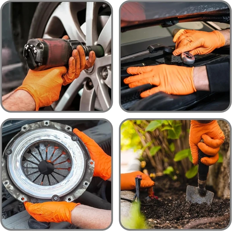 8Mil 헤비 듀티 오렌지 니트릴 장갑 일회용 다이아몬드 질감 그립 산업용 작업 장갑 정비공 안전 장갑 라텍스 프리