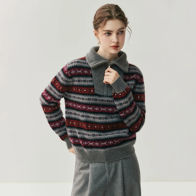 

Women Striped Zipper Polo Collar Sweater Autumn Winter Thick Warm Loose Knit Tops Casual Fashion 100% Cashmere Pullover Blouse