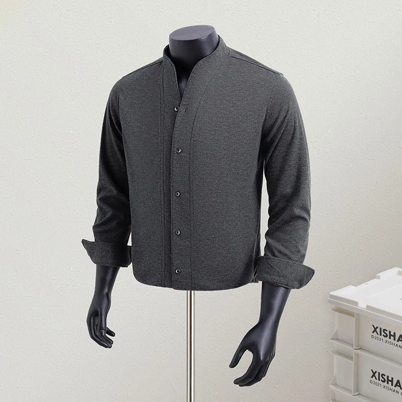 

Spring Men's V-neck Long Sleeved Shirt Fashion Business Casual Formal Shirt Solid Color Versatile Office Social Uniform Shirts