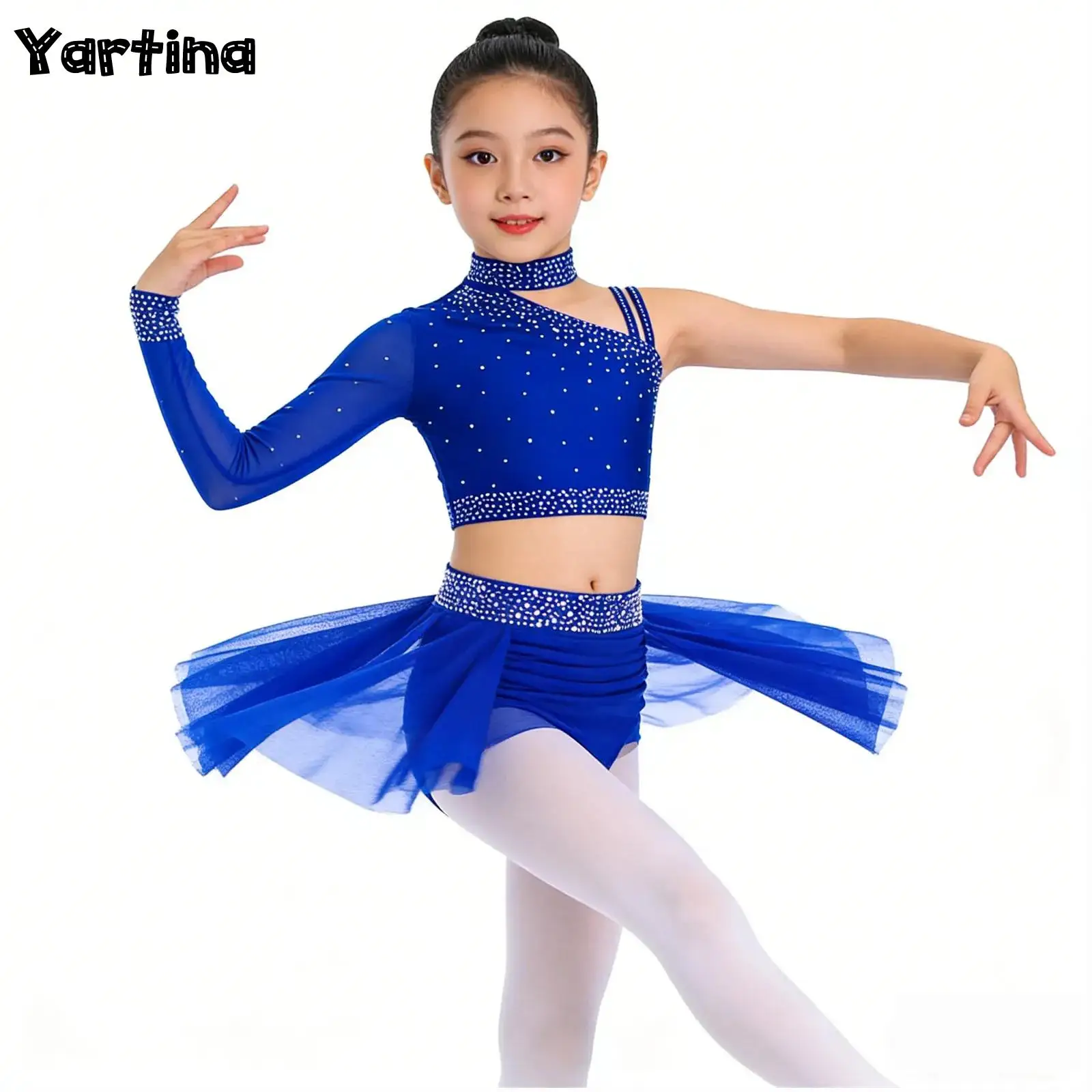 

Kids Girls Gymnastics Ballet Lyrical Latin Dance Outfit Performance Costume Sparkly Rhinestones Crop Top with Ruched Dance Skirt