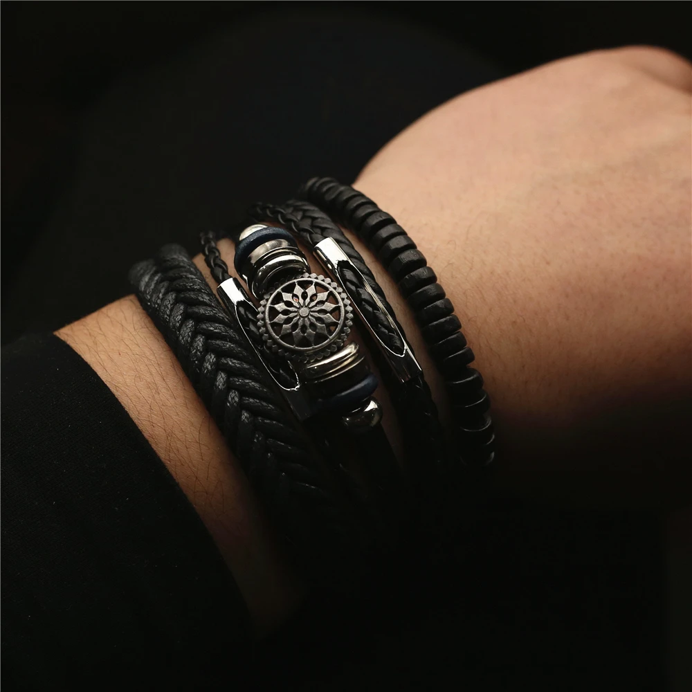 4 Pcs/Set Men Leather Bracelets For Women Wood Beads Sunflower Charm Woven Homme Gift Jewelry