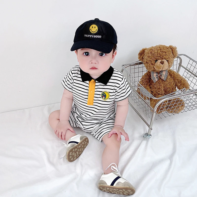 Baby boy preppy style jumpsuit stripesd jumpsuit summer newborn baby clothes summer handsome and stylish thin pure cotton short-