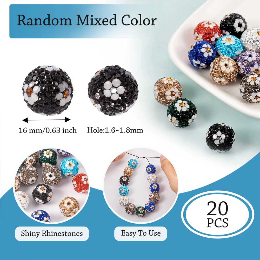 20pcs Pave Disco Ball Beads 16mm Polymer Clay Rhinestone Round with Flower Beads for jewelry making DIY bracele necklace earring