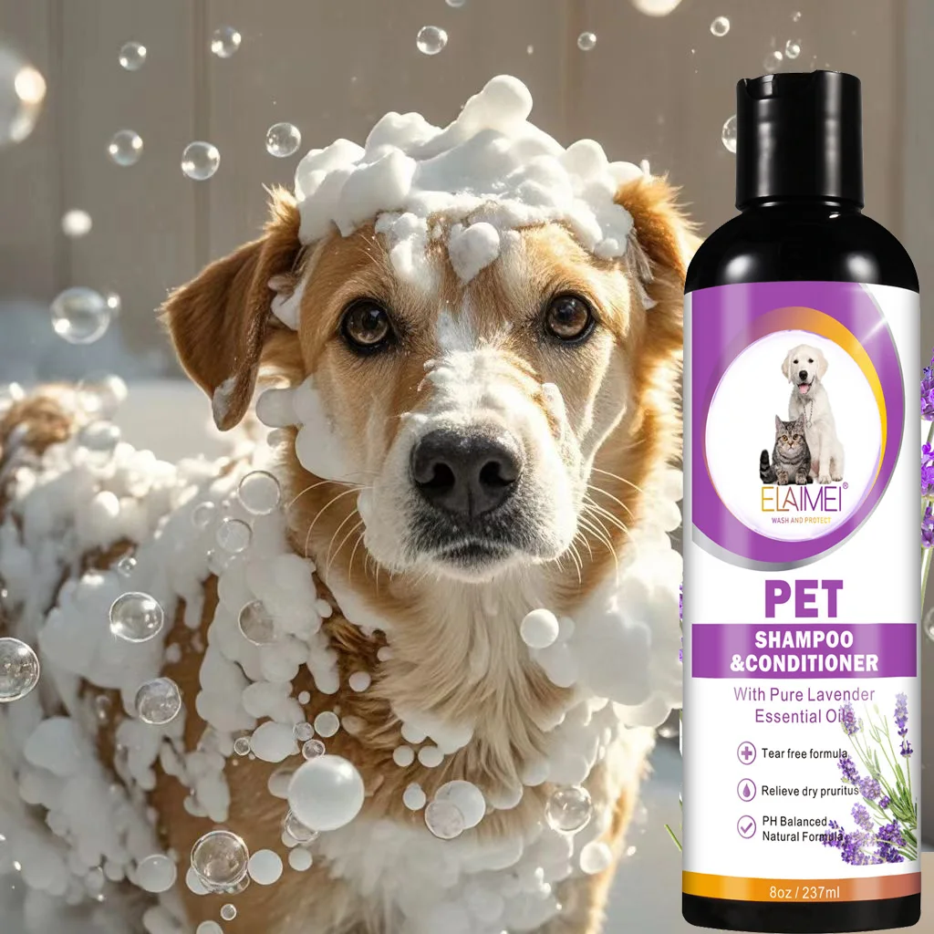 Pet shampoo for dogs, designed to remove stains, care for hair, relieve dryness and itching, eliminate body odor, and nourish th