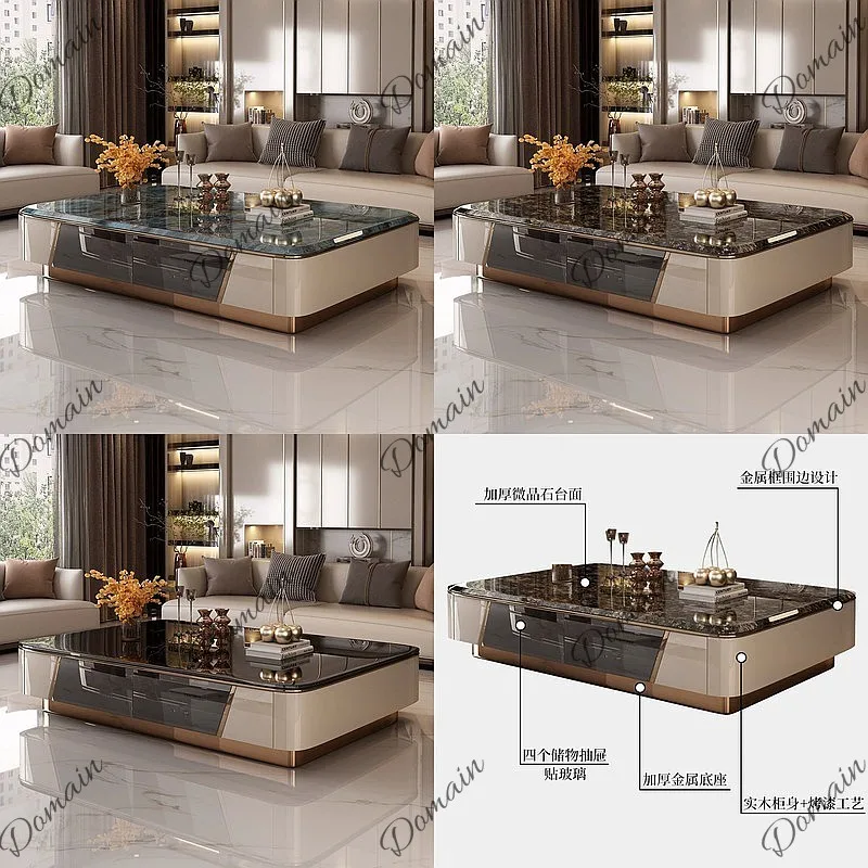 Luxury Microcrystalline Stone Coffee Table Solid Wood for Living Room Metal High Tea Table Modern Home Furniture