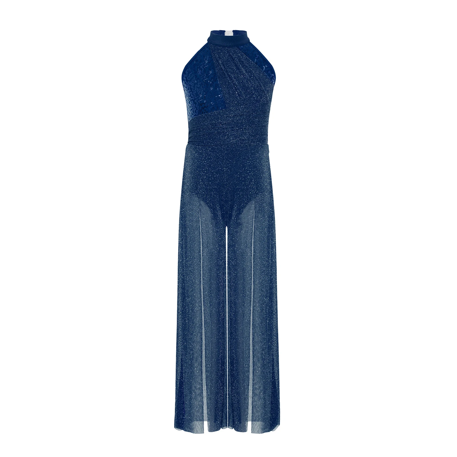 Children Girls Modern Lyrical Dance Jumpsuit Sleeveless Shiny Sheer Mesh Bodysuit Latin Skating Gymnastics Acrobatics Costume