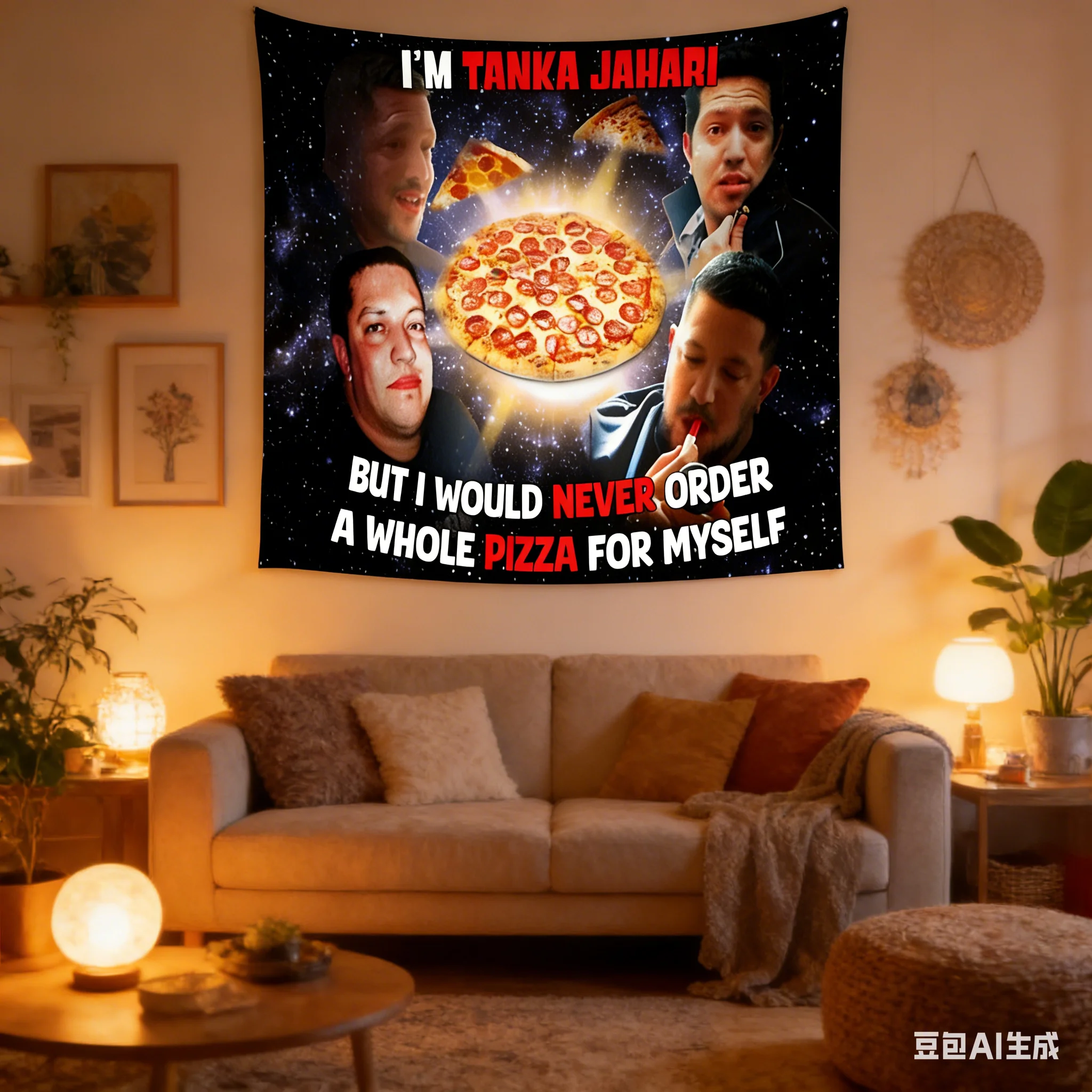 1 Stück Tanka Jahari Pizza Meme Wandteppich aus Polyester, 2D-Flachwandbehang für Schlafzimmer, Wohnzimmer, ganzjährig als Heimdekoration, Geschenk