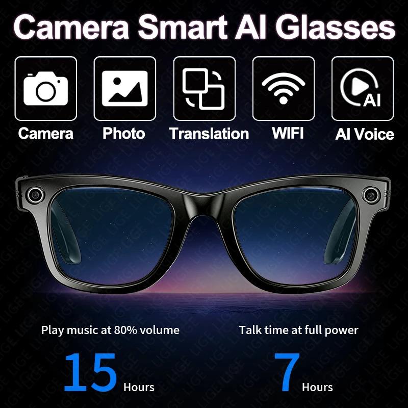 

LIGE Camera Glasses Bluetooth Smart Glasses Call Music Voice Assistant AI Glasses Sports Photo Video Anti-blue Glasses Man Woman