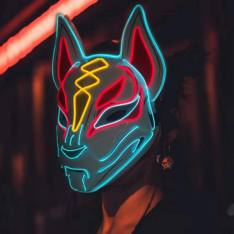 Halloween Glowing Face Mask Light Up Japanese Anime Fox Mask Luminous LED Mask Game Theme Mask Cosplay Supplies