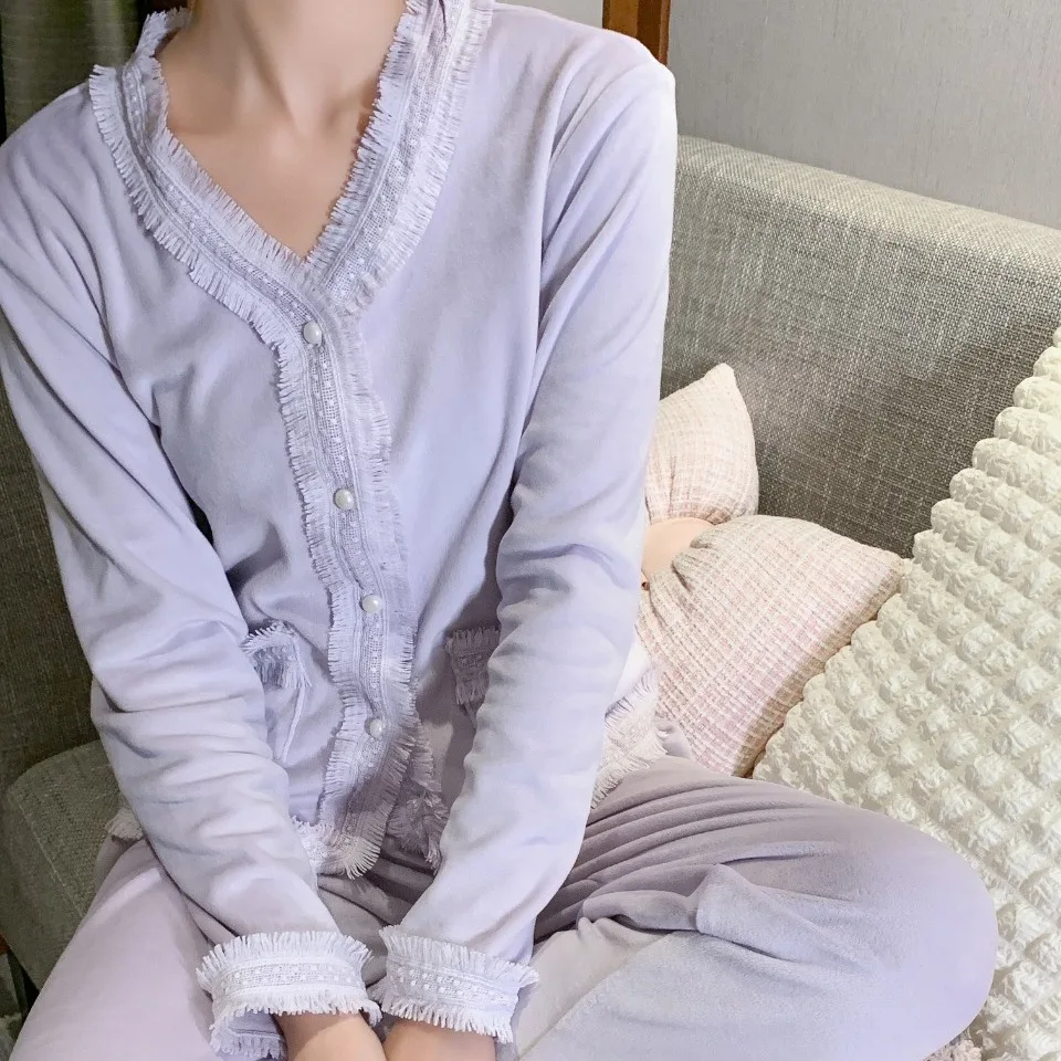 Island Velvet Female 2PCS Pajamas Set Thicken Warm Flannel Sleepwear Long Sleeve Cardigan Trouser Suits Retro French Homewear