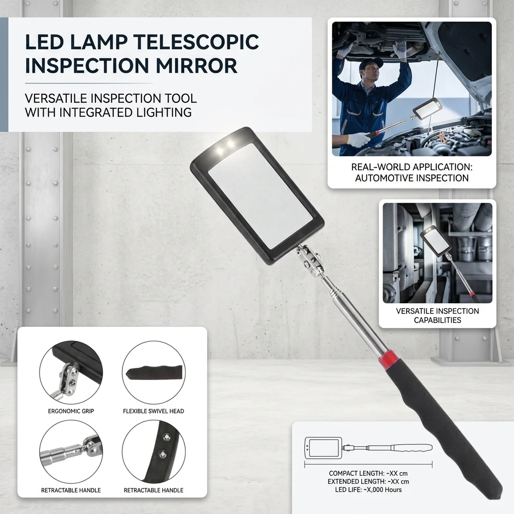 Magnetic Telescopic Extension Rod Auto Repair Tool with Square & Round Mirror Flashlight Head for Hard-to-Reach Areas