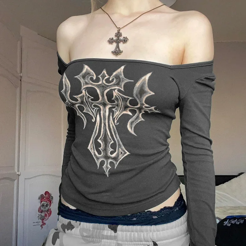 GELITAYIN Gothic Black T-shirt Women Autumn Streetwear Long Sleeves Square Collar Slim Tees Fashion Print Retro Top Casual T-shi