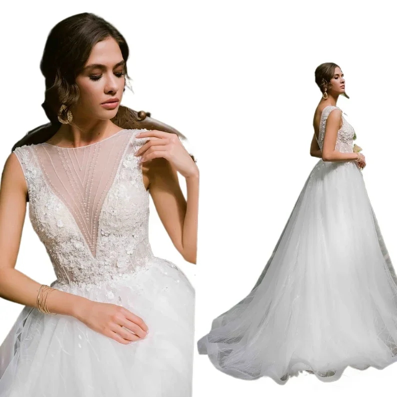 Backless A Line Tulle Bridal Gown with Train Custom Bridal Gowns Custom made Embroidered Wedding Dress, Floral Lace Wedding Gown