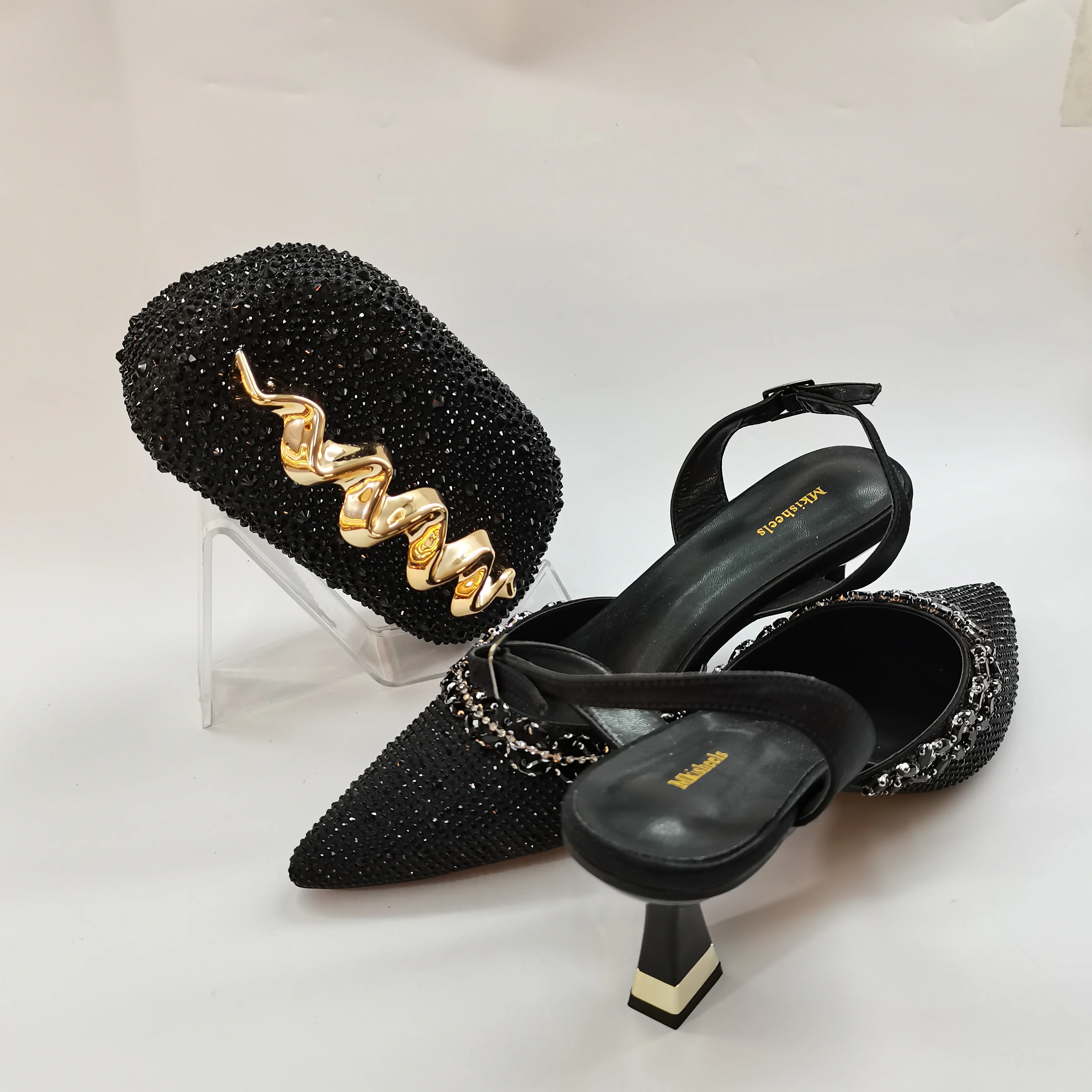 

Women Rhinestone Comfortable high heel shoe And Rhinestone Bag Set Fashion Style Pointed-Toe Shoes For Women Party F6-428-5