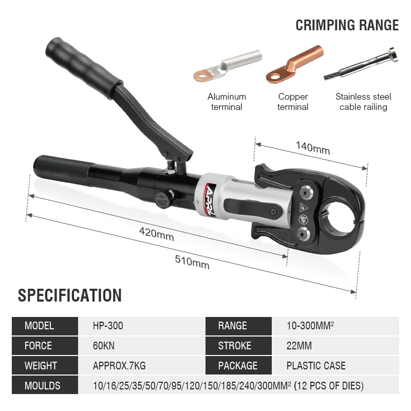 HP-300 Hydraulic Crimping Tool with Crimping Range from 10-300mm² Hydraulic Press Copper Aluminum Terminal