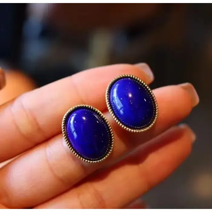 

UMQ Natural Emperor Lapis Lazuli Stud Earrings Women's Sterling Silver Retro Hong Kong Style Egg Surface Niche Earrings