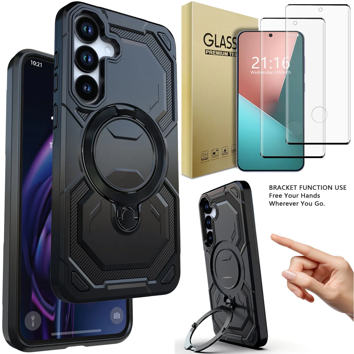 

Черный чехол для Samsung Galaxy S25/Plus/Ultra, противоударный чехол с подставкой и 2 шт., защитные пленки из закаленного стекла с полным покрытием