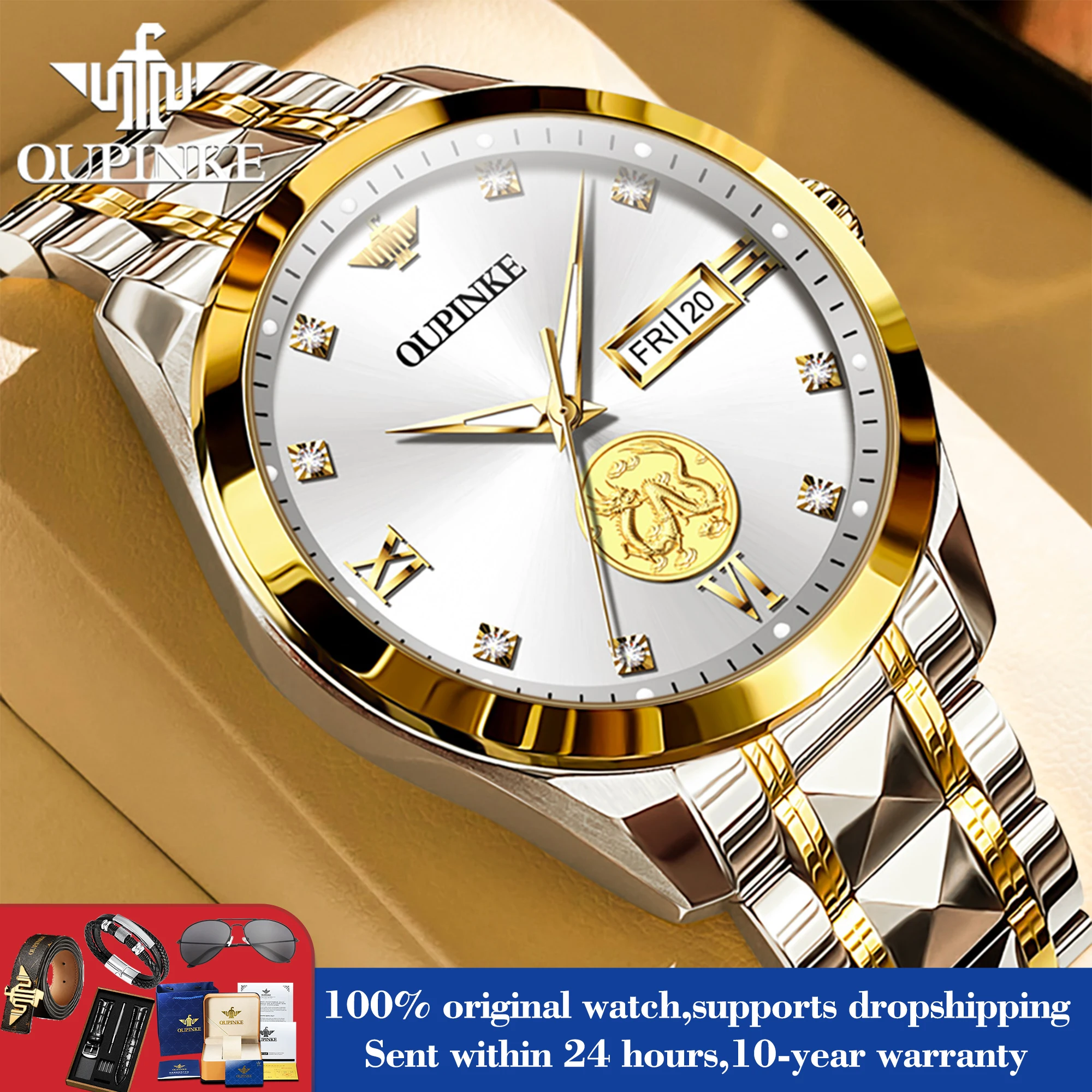 

OUPINKE 3259 Dual Calendar Luxury Mechanical Hand Clock Deep Waterproof Automatic Watch For Men Luminous Stainless Steel Watches