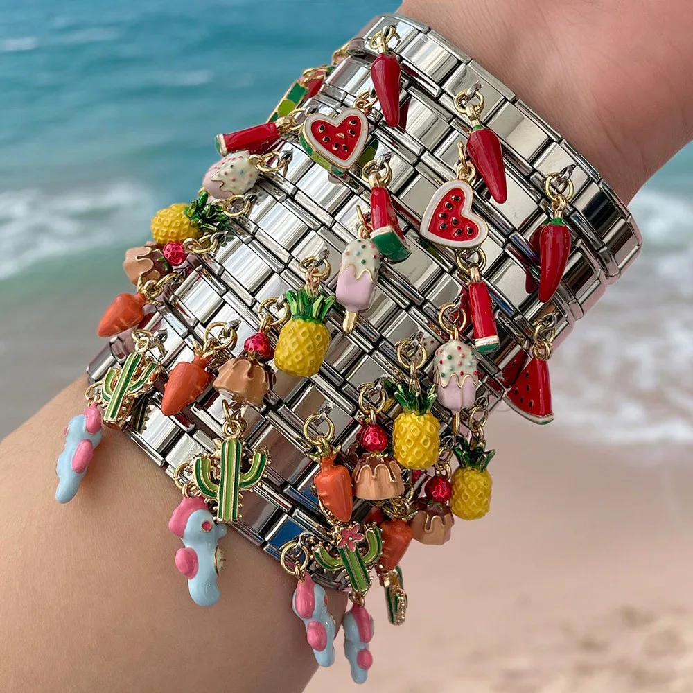

2026 New Italian Charm Square Module Heart Watermelon Carrot Icecrean Pendant Personalized Assembly Bracelets Women Fashion Gift