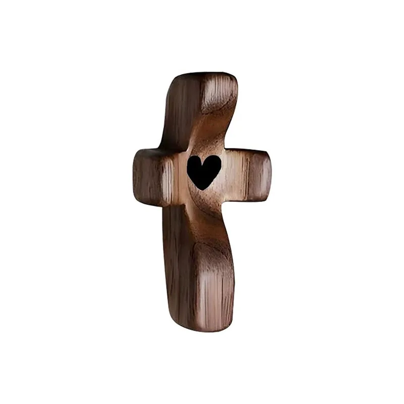 6PCS Handheld Cross with Heart Cutout Wooden Pocket Cross with Heart Cutout Stress Relief Handheld Cross Encouragement Gift