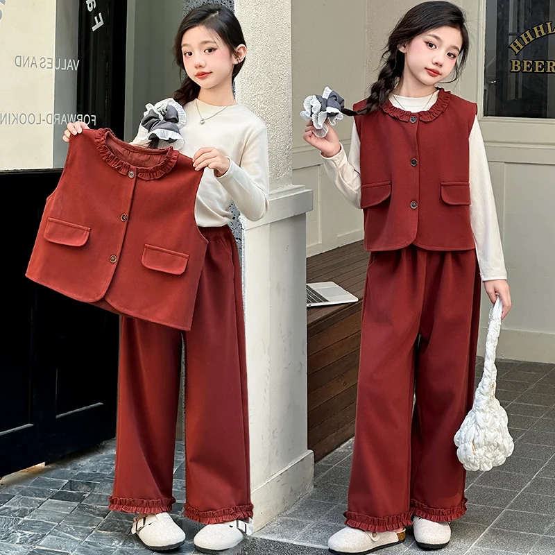 autumn teen girls clothes set Lotus leaf collar vest+cotton t-shirt+Wide leg pants 3pcs Ankela Red junior kid suot child outfits