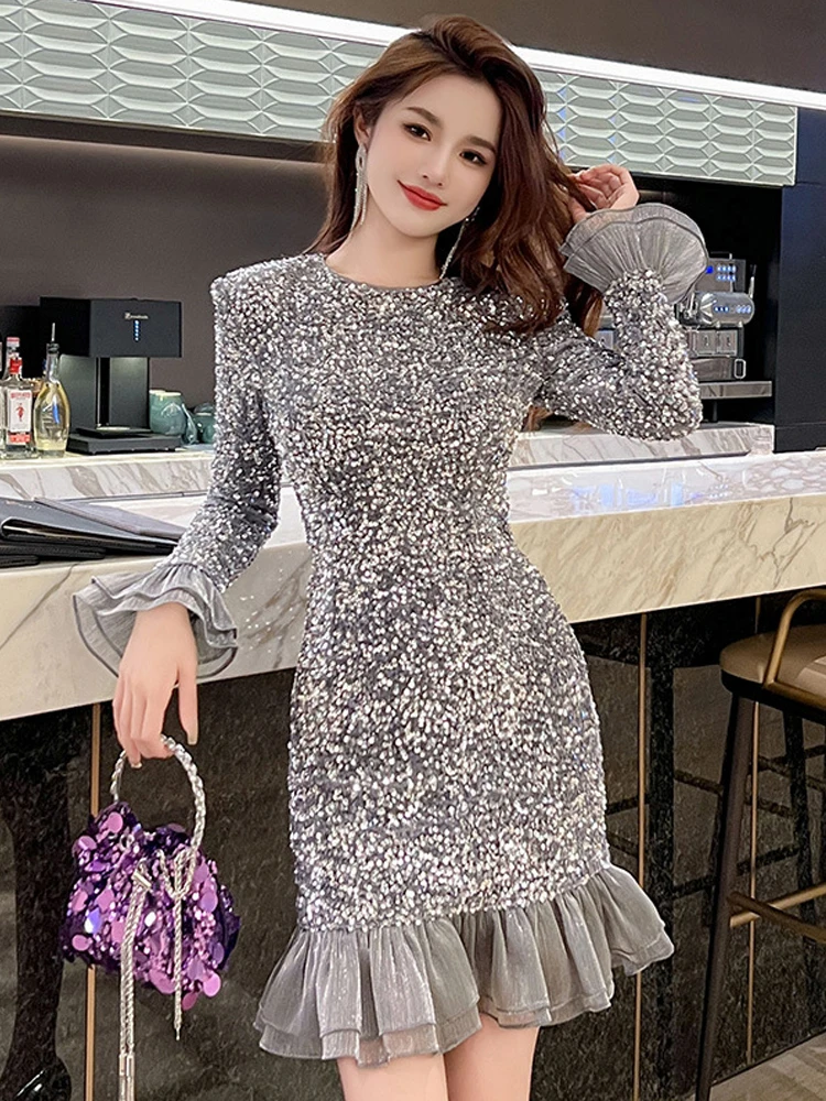 Fashion Sexy Dress Women Sweet Bright Shiny Glitter Sequins Ruffles Bodycon Fishtail Robe Date Party Gown Banquet Prom Vestidos