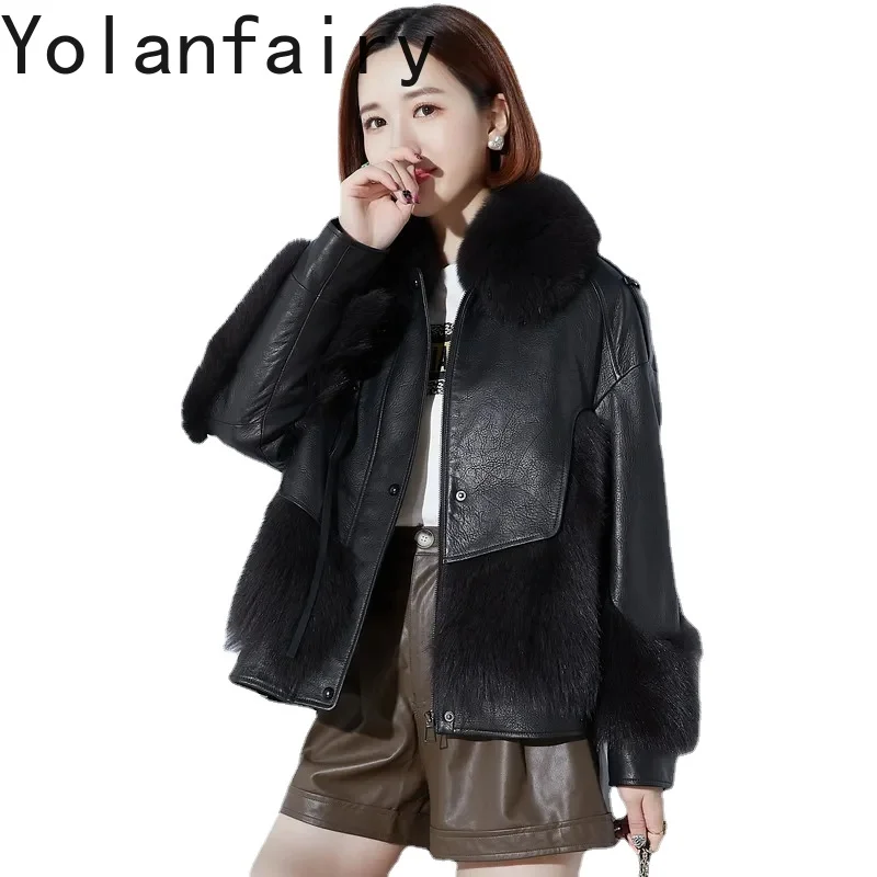 

YOLANFAIRY Sheepskin Real Leather Jacket Women Real Fur Coat Women Fox Fur Korean Leather Fur Down Jacket Fall Winter Outwear