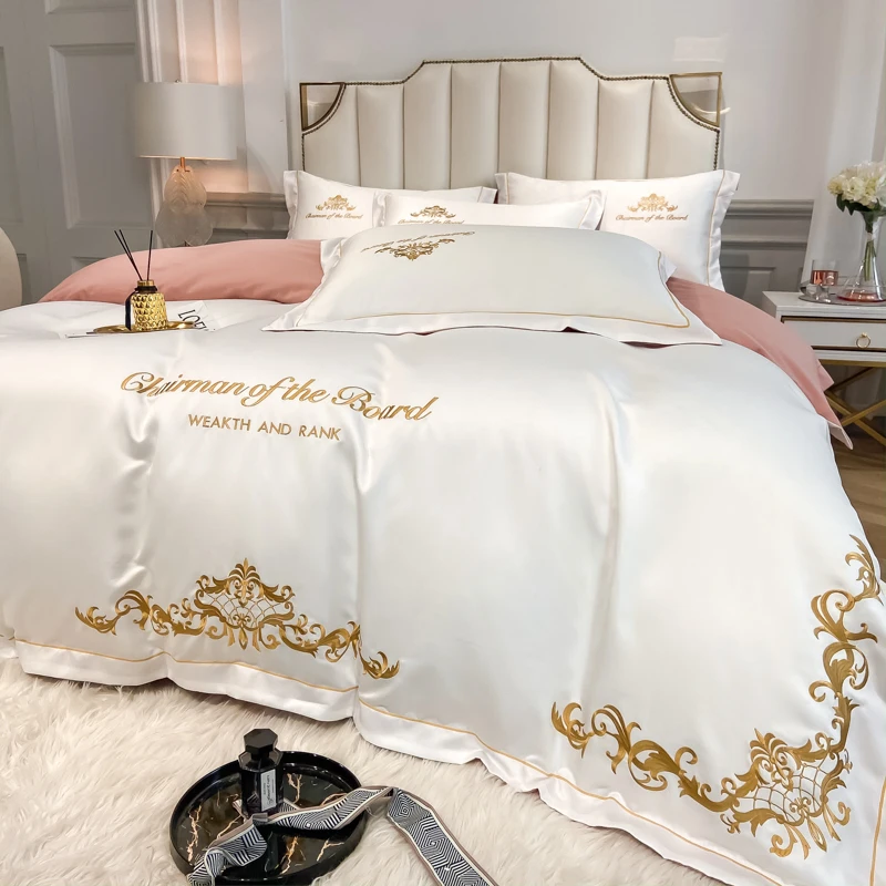 White Satin Cotton Bedding Set Royal Gold Embroidery Duvet Cover Flat/Fitted Bed Sheet Pillowcases Home Textile Queen King Size