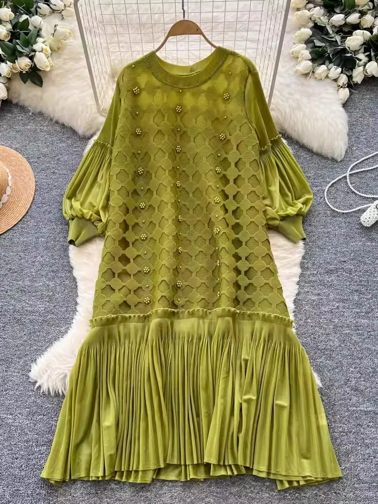 

Faionable Heavy Embellied Lantern Sve Loose Pleated Dr Women's Autumn Casual High-End Long Dr Commute Sle