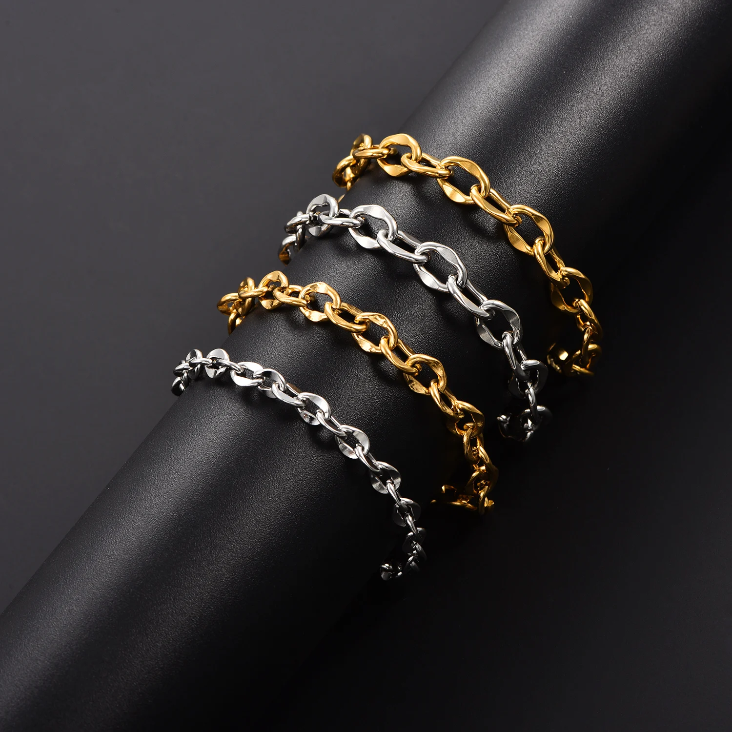 Einfaches Hip-Hop-Edelstahl-Oval-Armband, runder Ring, Fußkette, Rolo-Gliederkette, einfache Handgelenkskette, exquisiter Modeschmuck – Detail 1