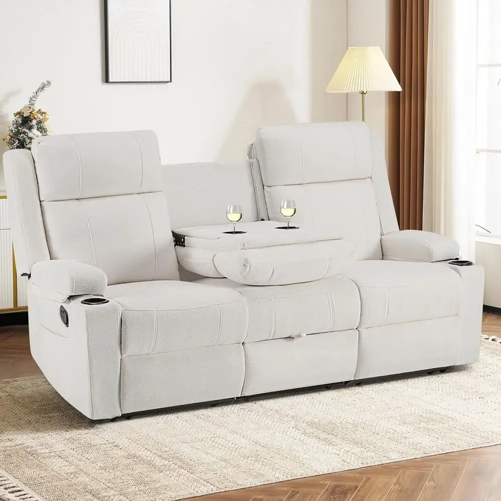 

3 Seater Reclining Sofa with Drop Down Table, Cup Holders, and Hidden Storage for Living Room, Home Theater, and RV (Beige)