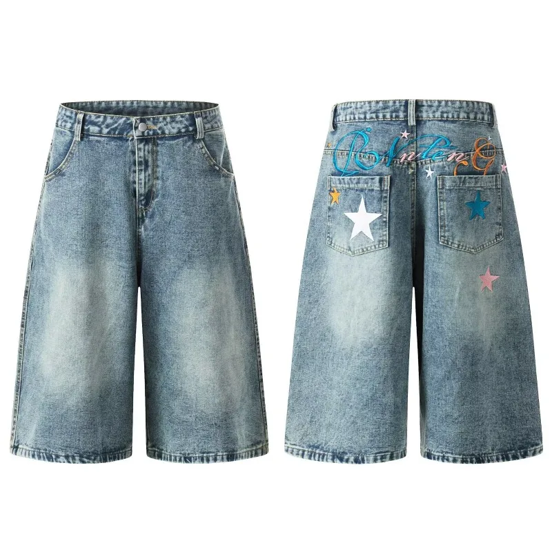 Women Light Wash Denim Bermuda Shorts, Star & Letter Embroidery Wide Leg Jorts