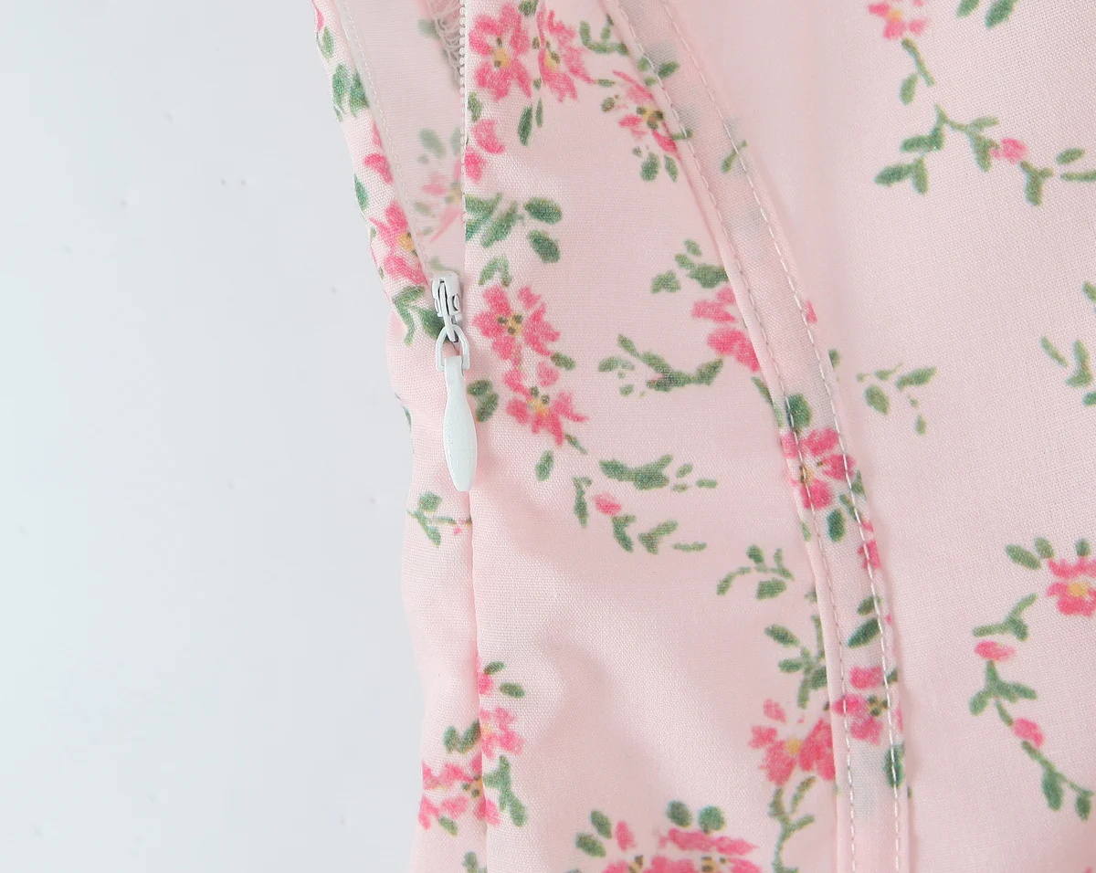 2025 Sweet Pink Floral Print Square Collar Tank Dress Women Cross Lacing up Bandage Back Swing A line Midi Long Dresses Robe