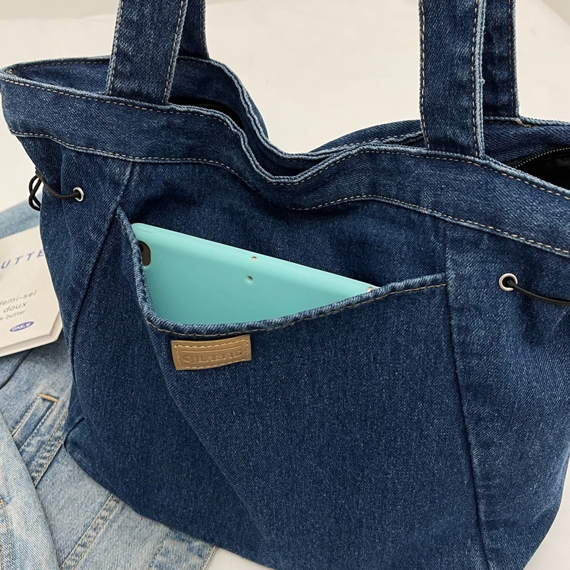 Retro Washed Denim Handbag 2024 Autumn New Lazy Versatile Tote Bag Large Capacity Commuting Drawstring Shoulder Bag for Women