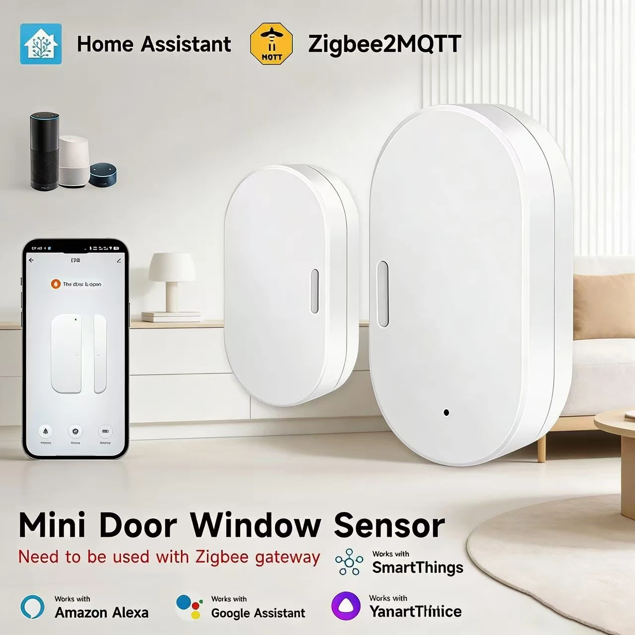 

Tuya Zigbee 2MQTT Door Open/Closed Alarm Sensor Wireless Magnetic Window Detector Works With Alexa Google/Home Assistant