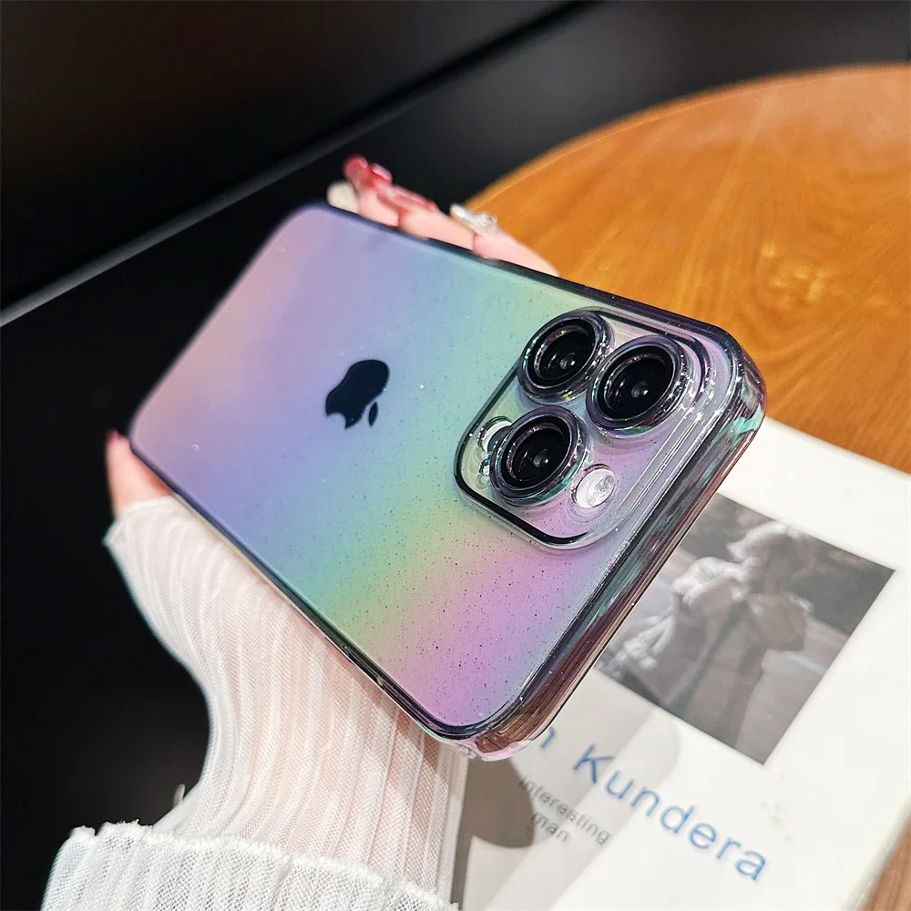 Dla iPhone 15Pro brokatowe kolorowe etui na iPhone 15 14 Pro Max 13 12 11 Gradient Rainbow Ultra Slim odporne na wstrząsy luksusowe etui