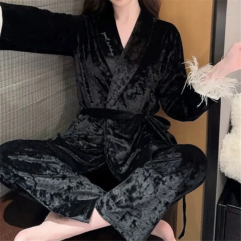 

Autumn Velvet 2PCS Pajamas Set Sexy Sleepwear Feather Cuff Long Sleeve Robe Trouser Suits Casual Velour Homewear