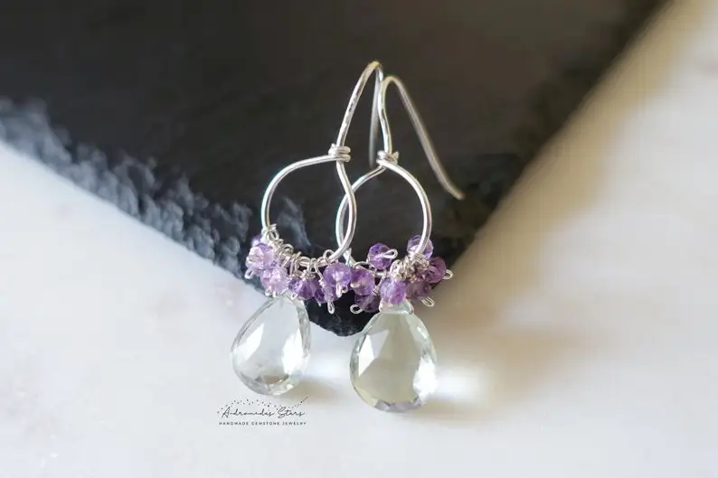 Green Amethyst Cluster Earrings, Sterling Silver Circle Earrings, Pink Amethyst Dangle Earrings, February Birthstone, Gemstone