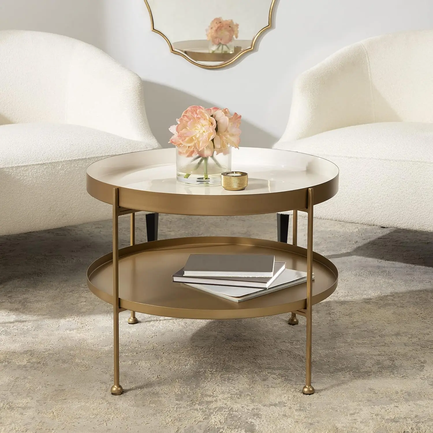 Kate and Laurel Nira Modern Round Two Tier Coffee Table, 26 Inch Diameter, White and Gold, Decorative Glam Coffee Table