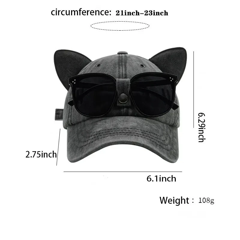 New Cute Cat Ears Pilot Hat With Glasses Baseball Cap Water Washed Baseball Cap Adjustable Outdoor Sunshade Sun Hats Unisex Gift