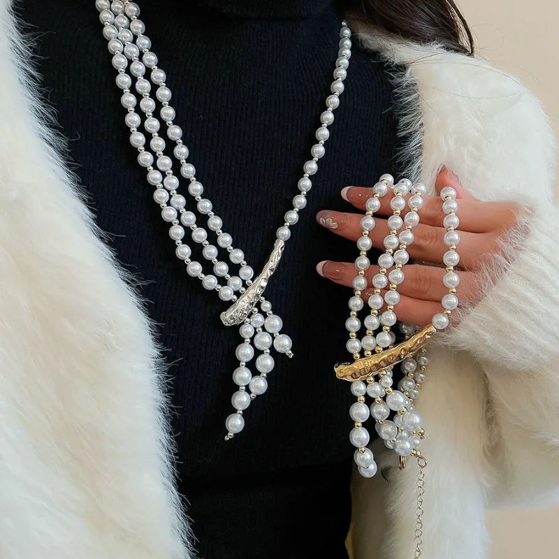 

Minar Elegant ABS Glass Simulated Pearl Beads Strand Multi Layers Asymmetry Necklaces for Women Gold Silver Plated Sweater Chain