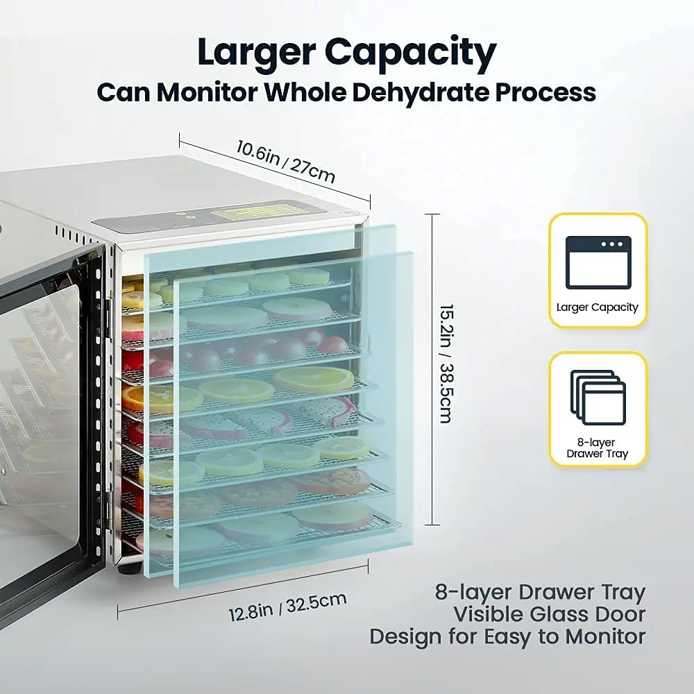 Food Dehydrator Machine(67 Free Recipes) 8 Stainless Steel Trays Adjustable Thermostat Digital Food Dehydrator for Beef, Jerky,