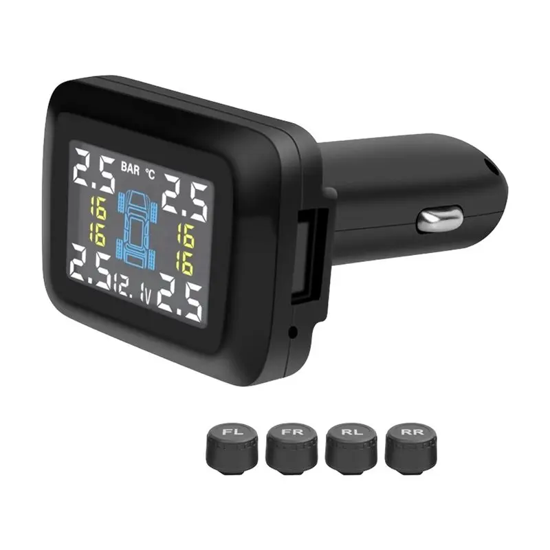 Car TPMS Tire Pressure Monitoring System Alarm Cigarette Lighter Tyre Air Meter Gauge Temperature Warning With 4 Sensors