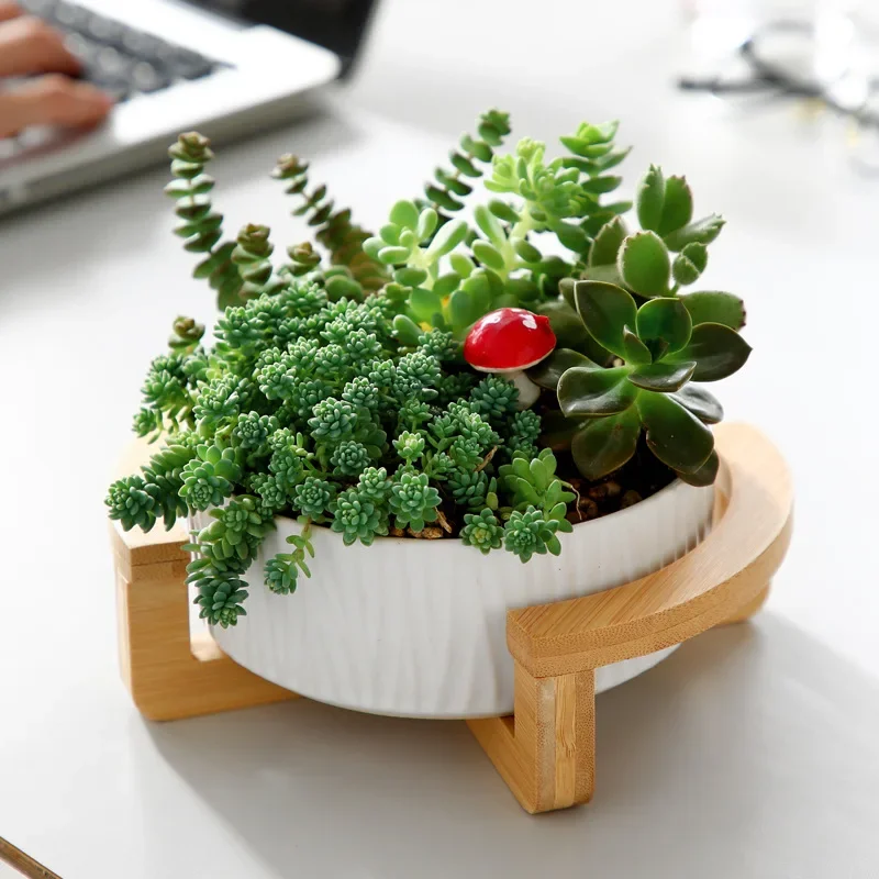 

Nordic Ceramic Succulent Plant Pot, Modern Minimalist Creative Wooden Frame Hydroponic Plant Small Flowerpot, 1Pc