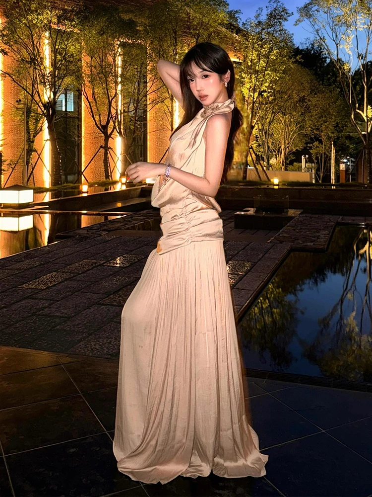 Ele taille haute longueur au sol Svel Dr avec Ne Hanging Design pour femmes Summer Beach Vaion Sexy Bal Slim...