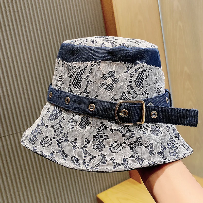 2022 Lace Cowboy Bucket Hat Spring Summer Wide Eaves Belt Buckle Denim Fisherman Hats For Women Shopping Trip Outing Visor Cap