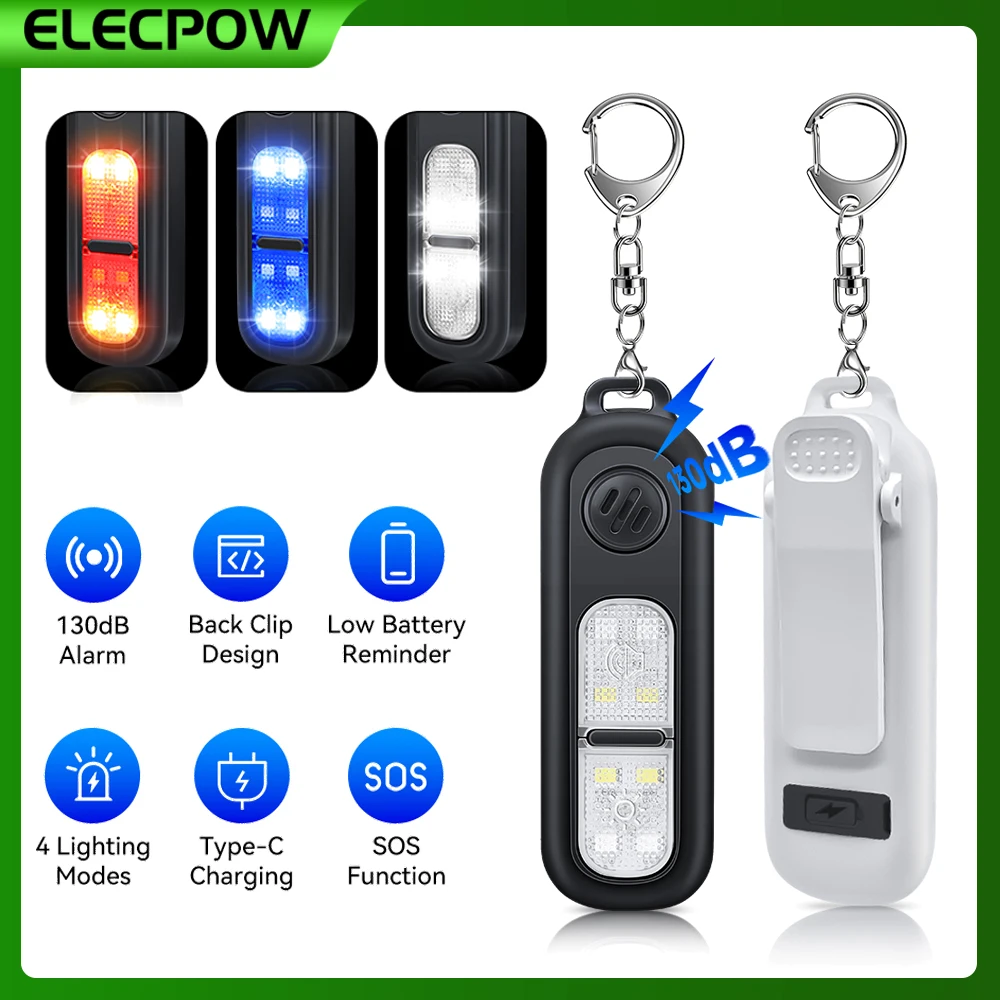 Elecpow 130dB  Personal Self Defense Alarm Night Running Safety Alarm With LED Flashing Light 4 Lighting Modes Back Clip Design