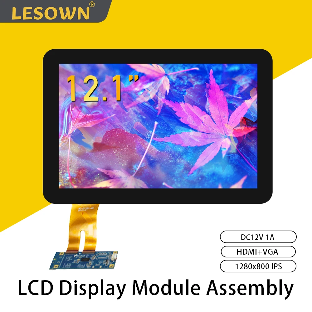 LESOWN 12.1 inch Small Touchscreen HDMI LCD Display 1280x800 IPS Panel with VGA LVDS DC12V 1A High Quality Extender Module